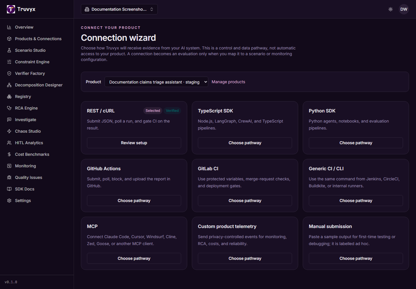 Live Truvyx connection wizard with pathway cards