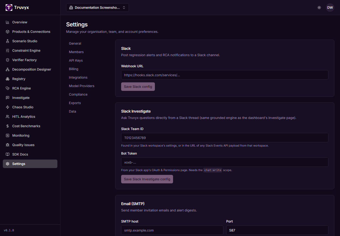 Live Truvyx Settings integrations page