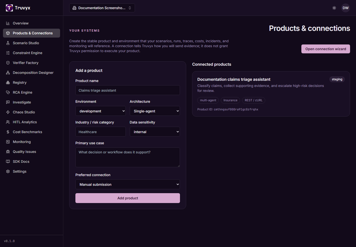 Live Truvyx Products and Connections page showing a product form and a connected product card