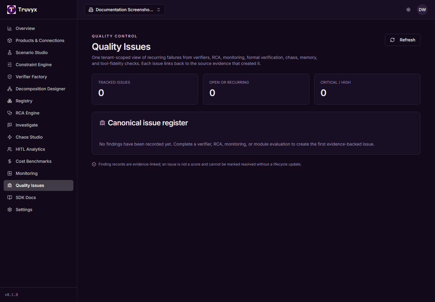 Live Truvyx Quality Issues page